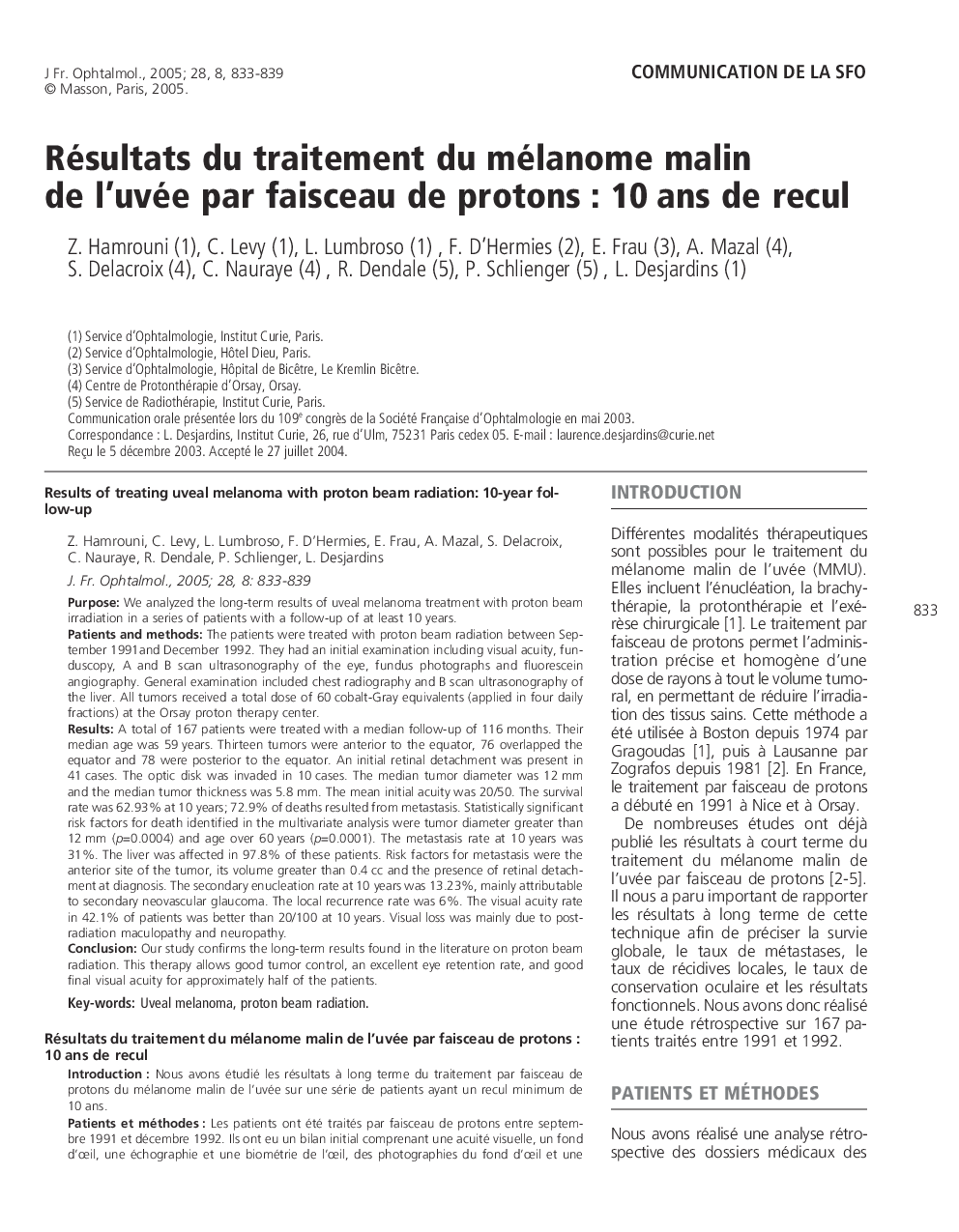 Résultats du traitement du mélanome malin de l'uvée par faisceau de protons : 10 ans de recul