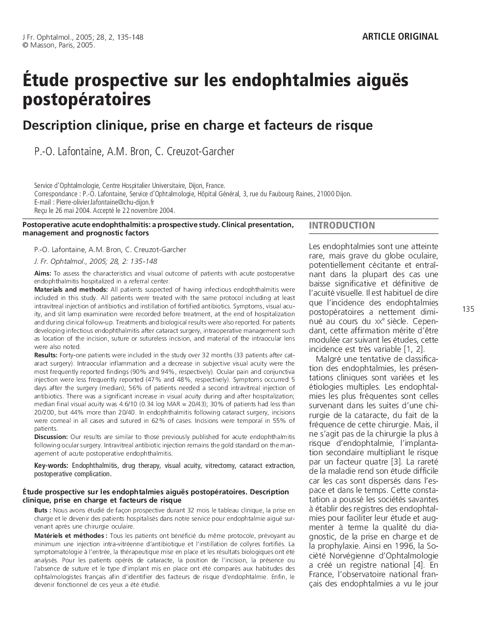 Ãtude prospective sur les endophtalmies aiguës postopératoires