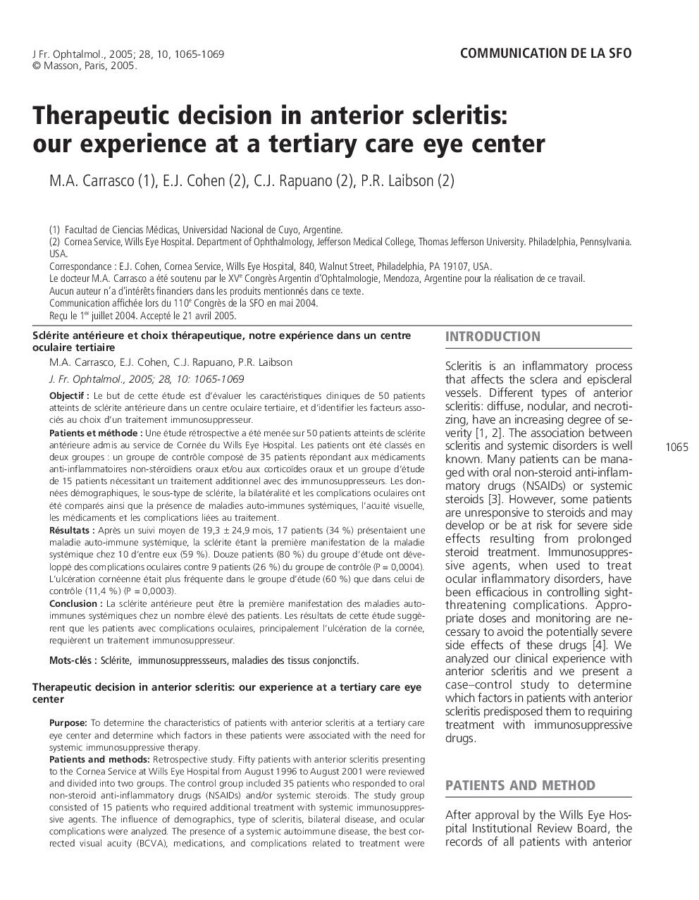 Therapeutic decision in anterior scleritis: our experience at a tertiary care eye center