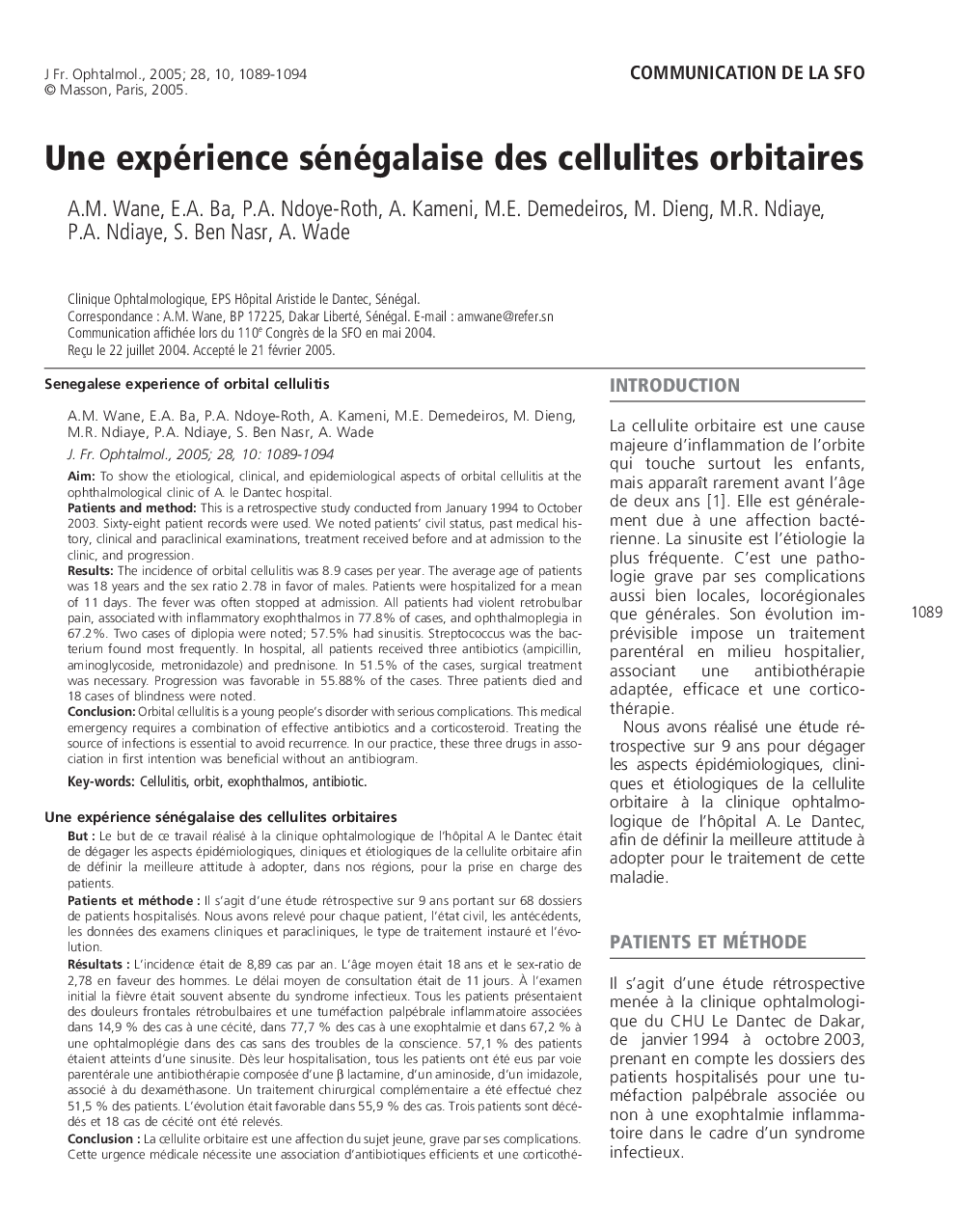 Une expérience sénégalaise des cellulites orbitaires