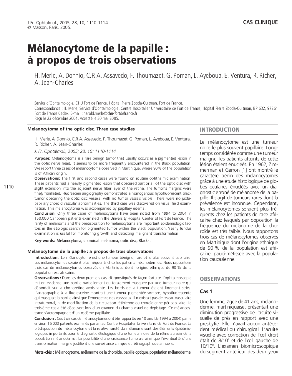 Mélanocytome de la papille : Ã  propos de trois observations