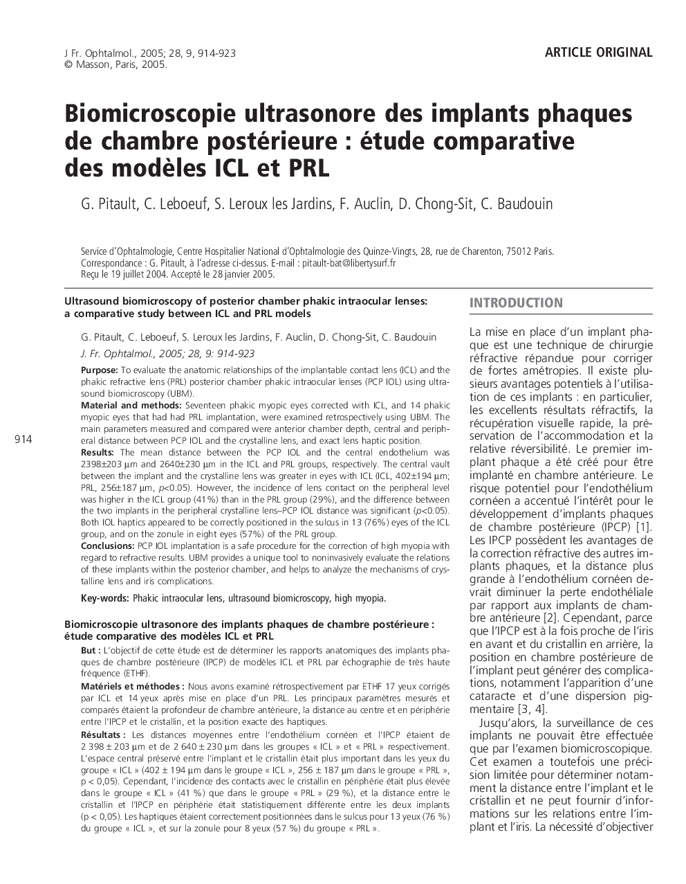 Biomicroscopie ultrasonore des implants phaques de chambre postérieure : étude comparative des modÃ¨les ICL et PRL