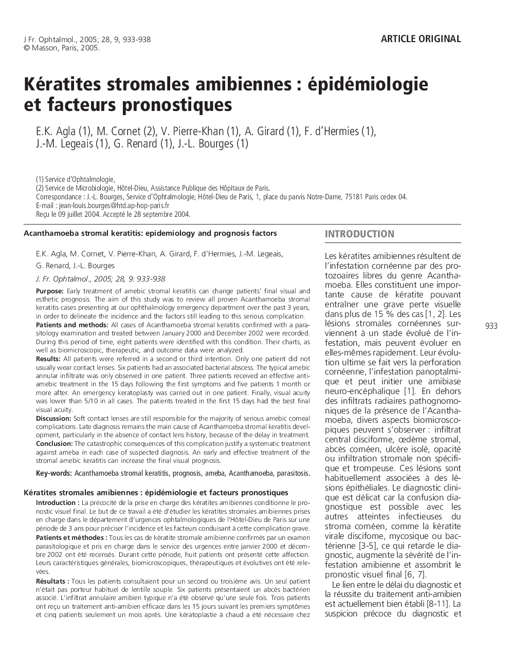 Kératites stromales amibiennes : épidémiologie et facteurs pronostiques