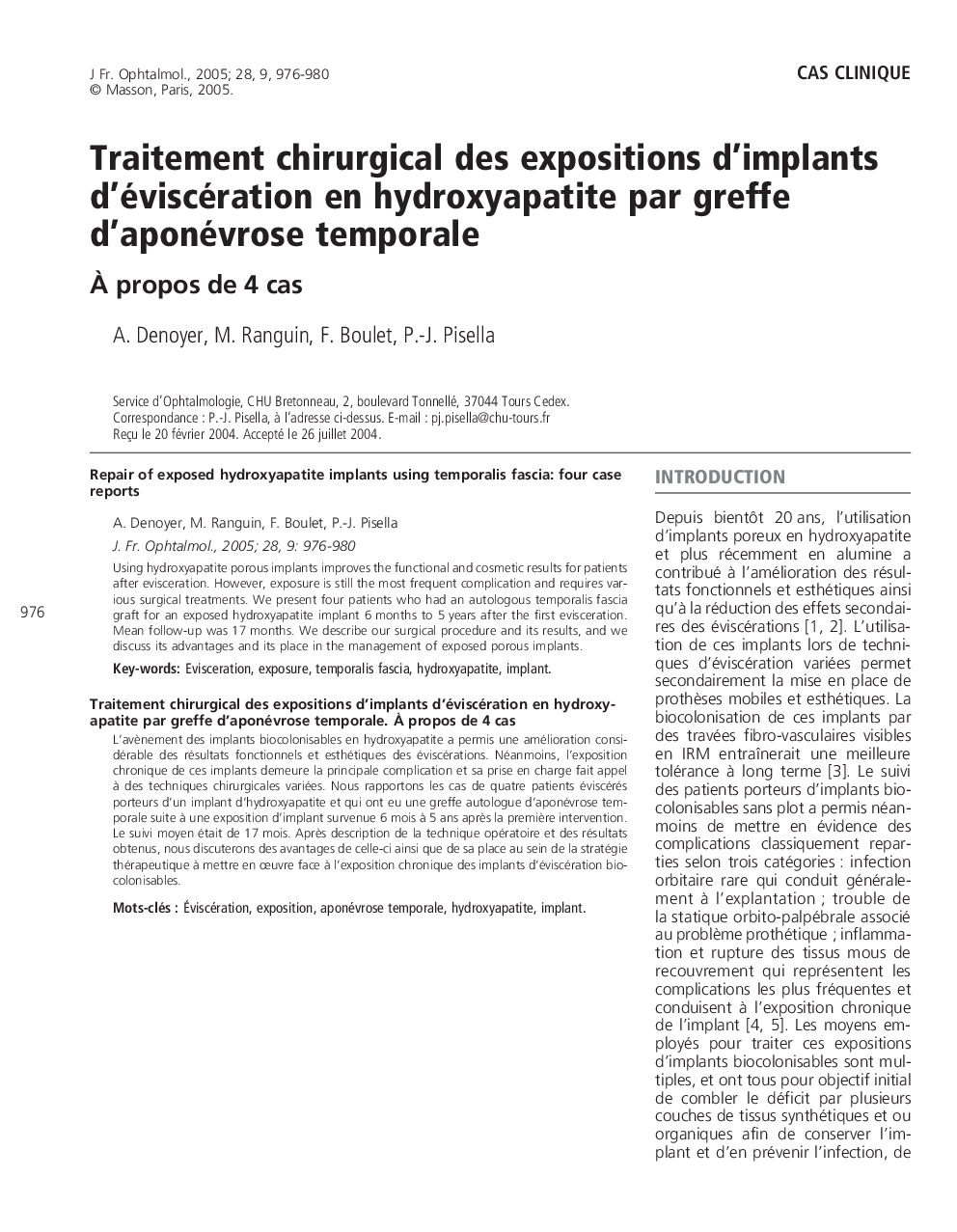 Traitement chirurgical des expositions d'implants d'éviscération en hydroxyapatite par greffe d'aponévrose temporale