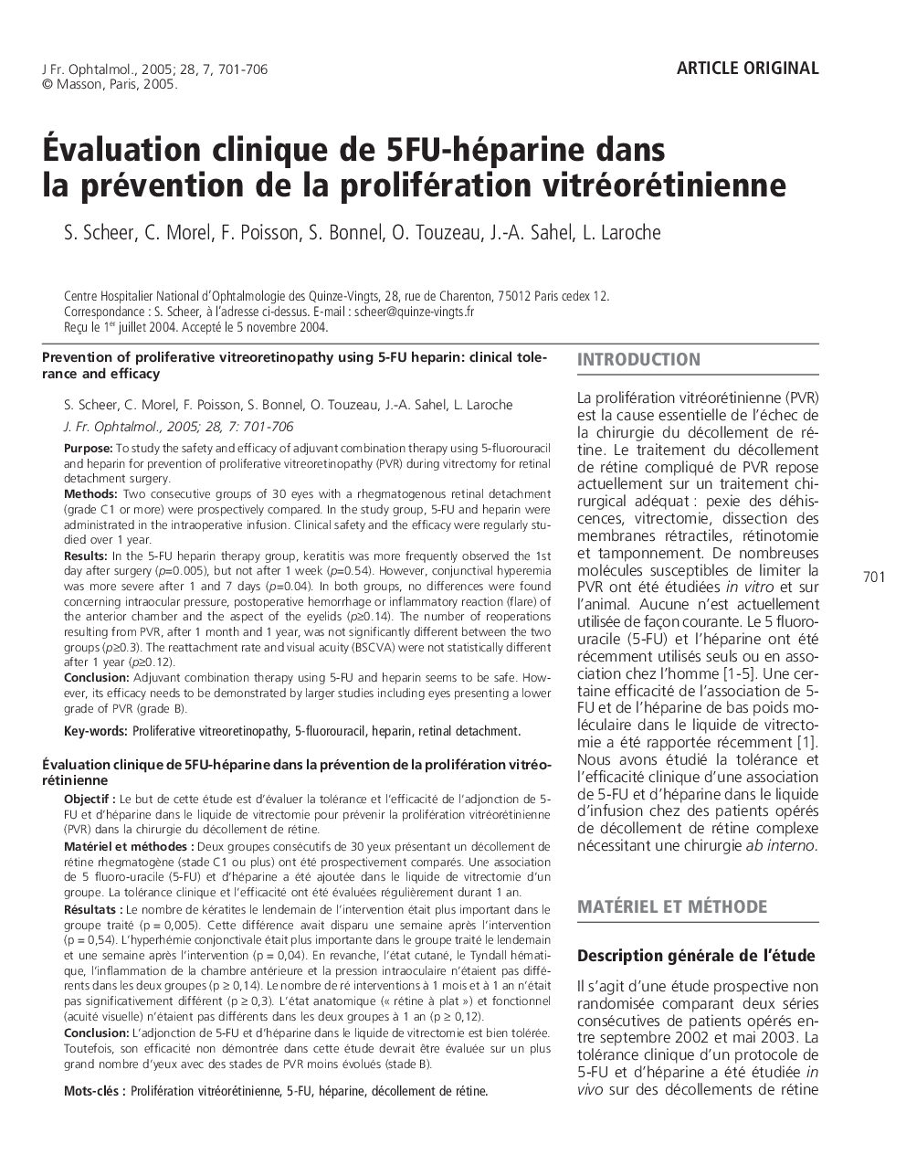 Ãvaluation clinique de 5FU-héparine dans la prévention de la prolifération vitréorétinienne