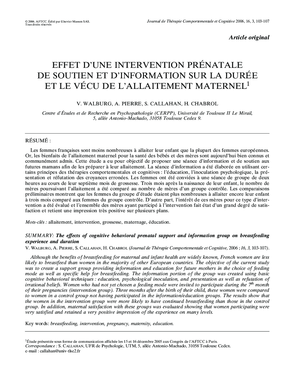 Effet d'une intervention prénatale de soutien et d'information sur la durée et le vécu de l'allaitement maternel