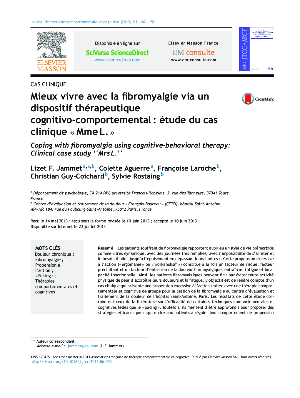 Mieux vivre avec la fibromyalgie via un dispositif thérapeutique cognitivo-comportementalÂ : étude du cas clinique Â«Â MmeÂ L.Â Â»