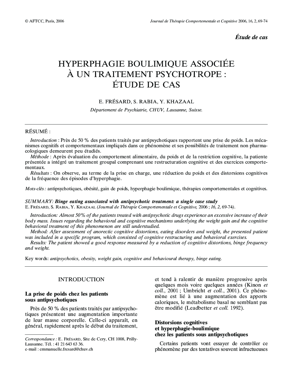 Hyperphagie boulimique associée Ã  un traitement psychotrope: étude de cas