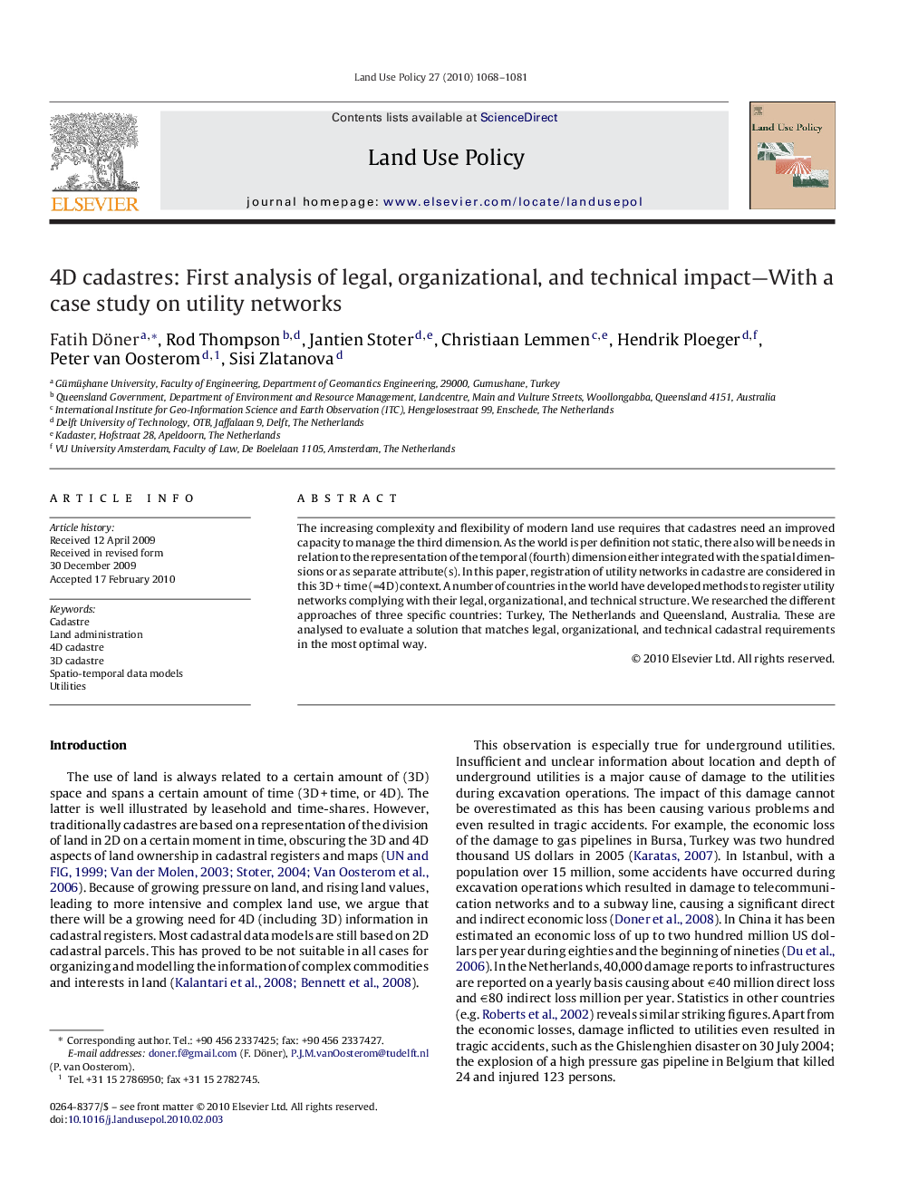 4D cadastres: First analysis of legal, organizational, and technical impact—With a case study on utility networks