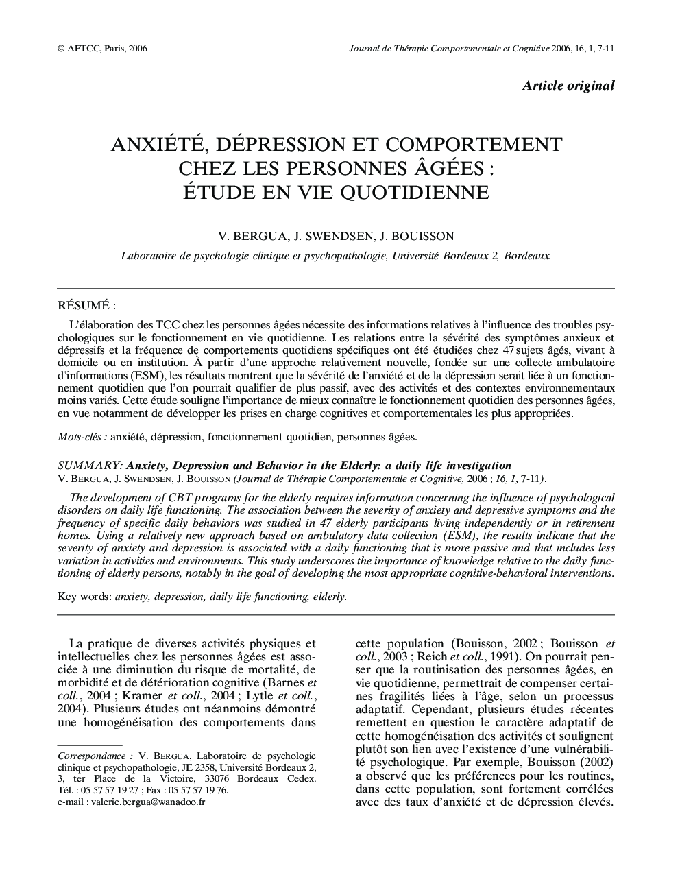 Anxiété, dépression et comportement chez les personnes Ã¢gées : étude en vie quotidienne