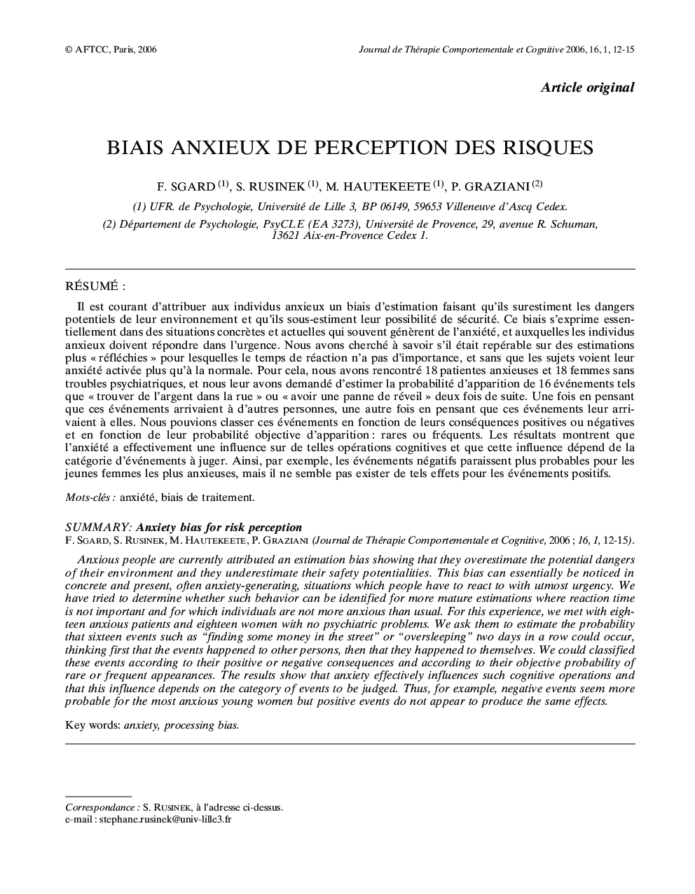 Biais anxieux de perception des risques