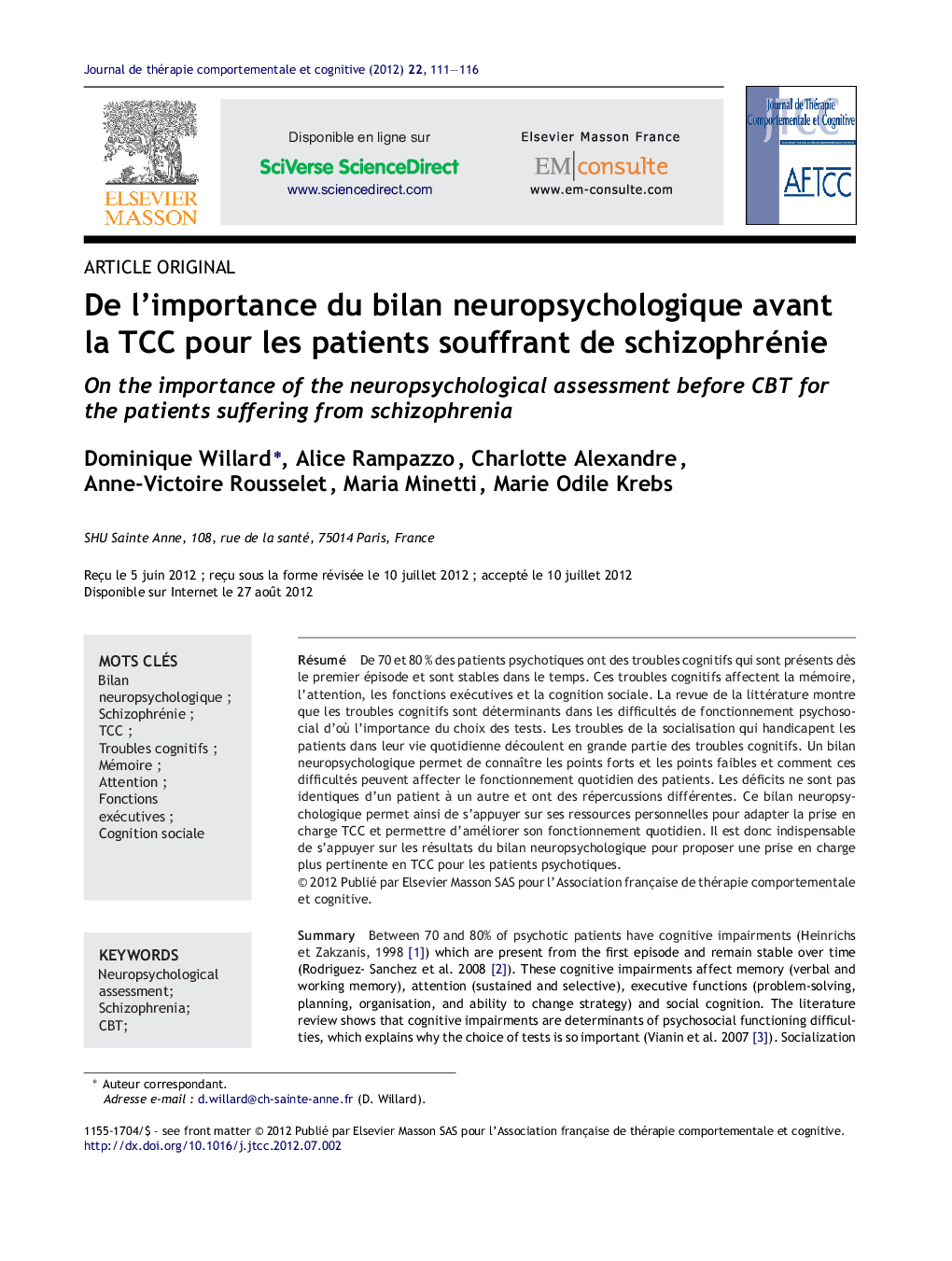عکس صفحه اول مقاله: De l'importance du bilan neuropsychologique avant la TCC pour les patients souffrant de schizophrénie De l'importance du bilan neuropsychologique avant la TCC pour les patients souffrant de schizophrénie