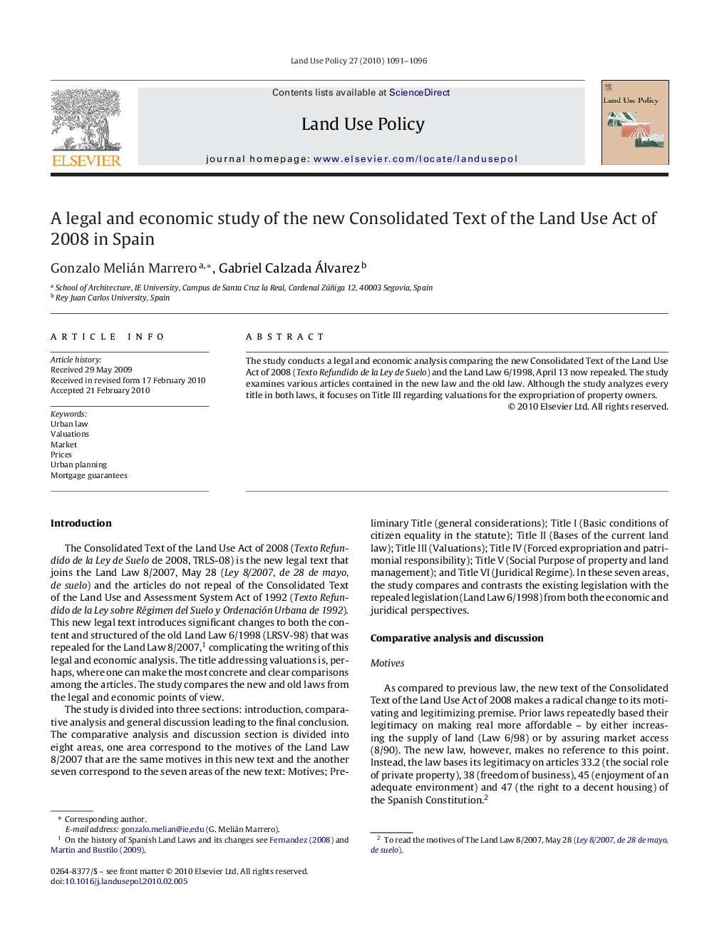 A legal and economic study of the new Consolidated Text of the Land Use Act of 2008 in Spain