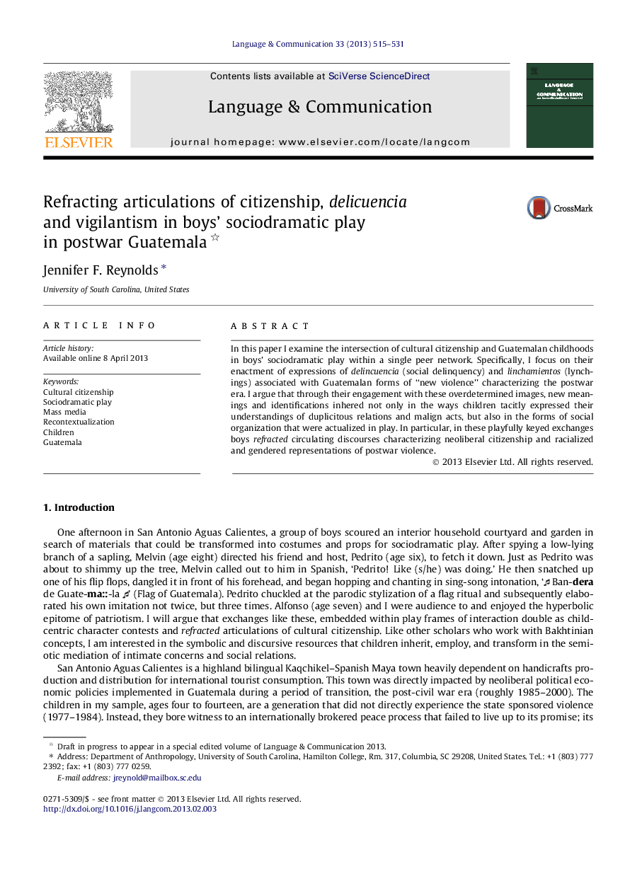 Refracting articulations of citizenship, delicuencia and vigilantism in boys’ sociodramatic play in postwar Guatemala 