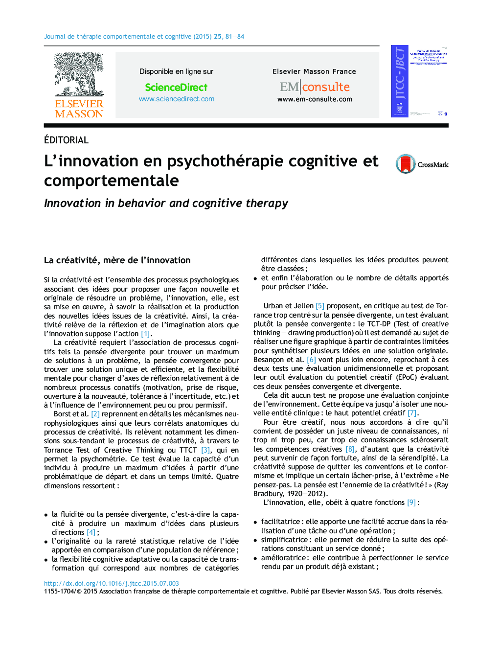 عکس صفحه اول مقاله: L'innovation en psychothérapie cognitive et comportementale L'innovation en psychothérapie cognitive et comportementale