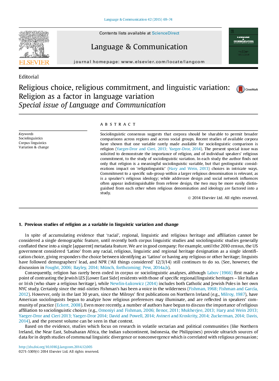 Religious choice, religious commitment, and linguistic variation: Religion as a factor in language variation: Special issue of Language and Communication