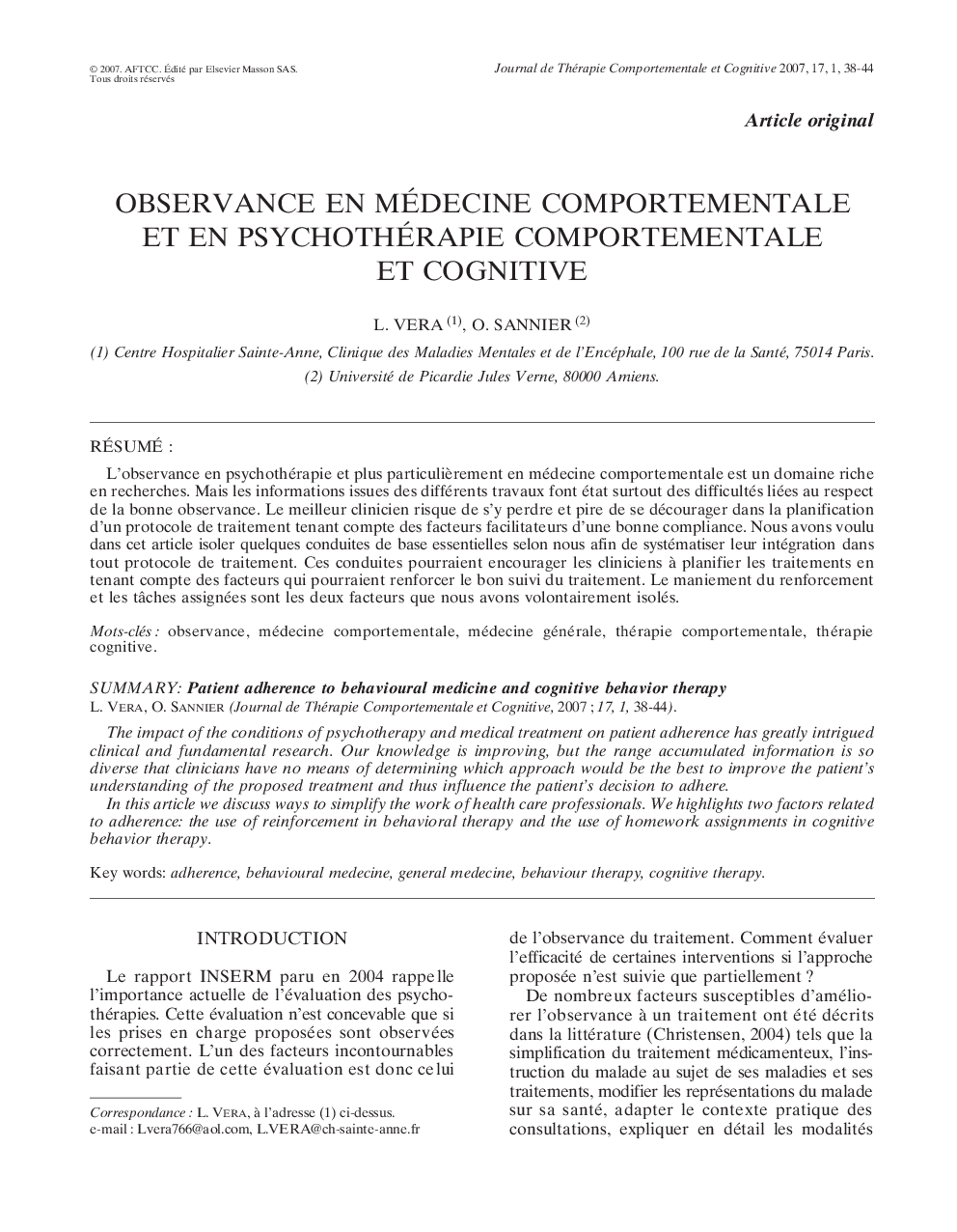 Observance en médecine comportementale et en psychothérapie comportementale et cognitive