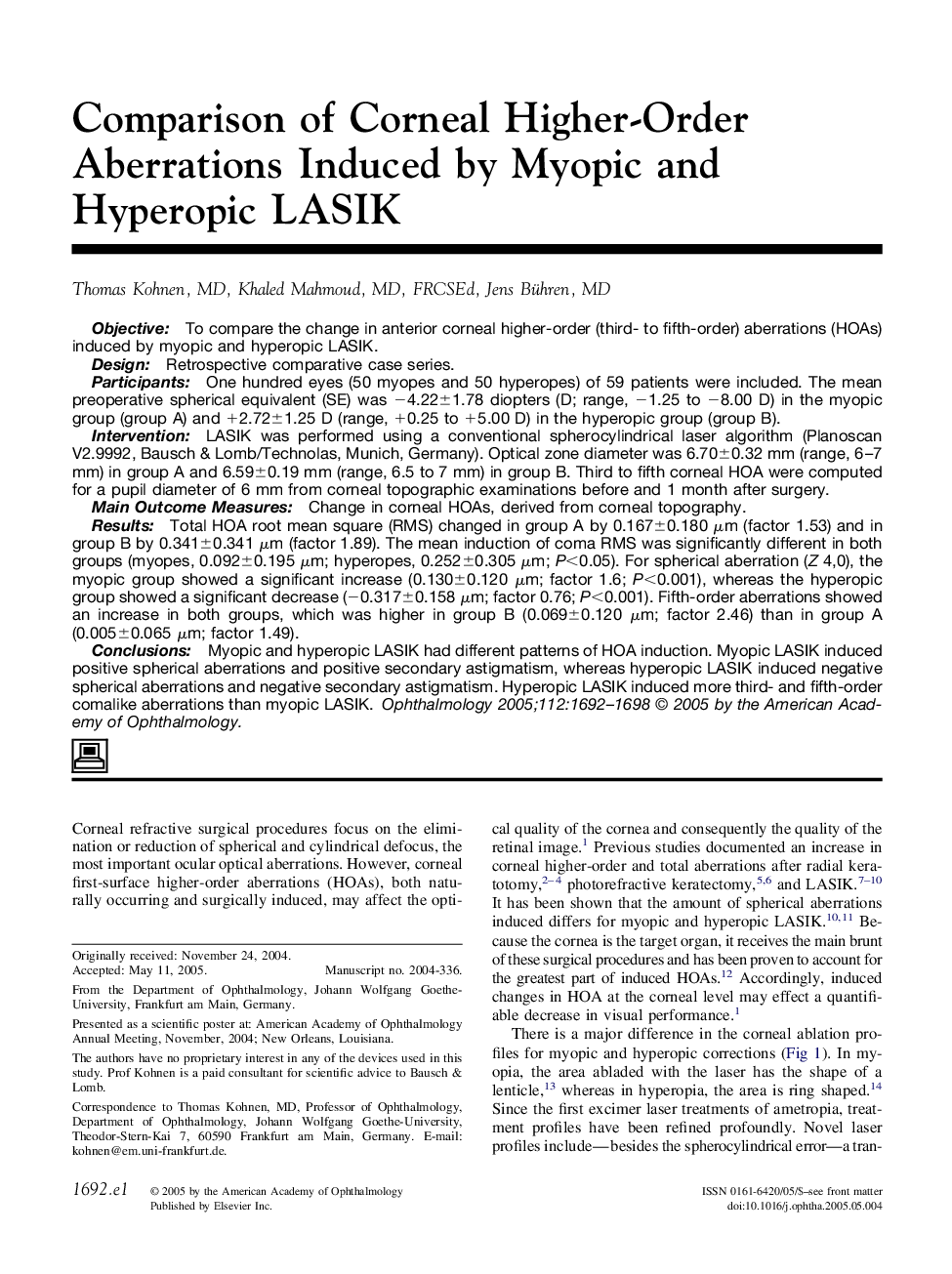 Comparison of Corneal Higher-Order Aberrations Induced by Myopic and Hyperopic LASIK