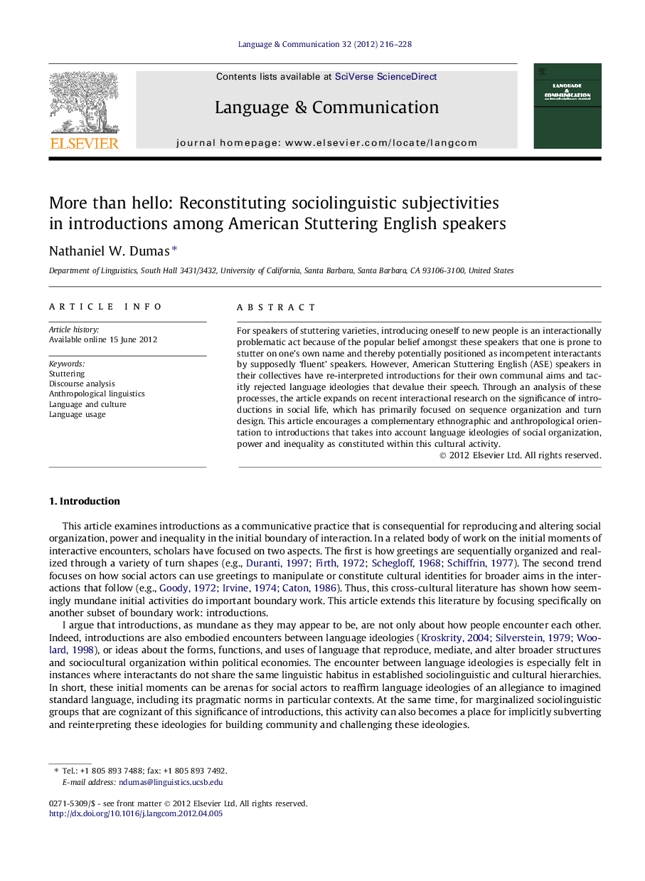 More than hello: Reconstituting sociolinguistic subjectivities in introductions among American Stuttering English speakers