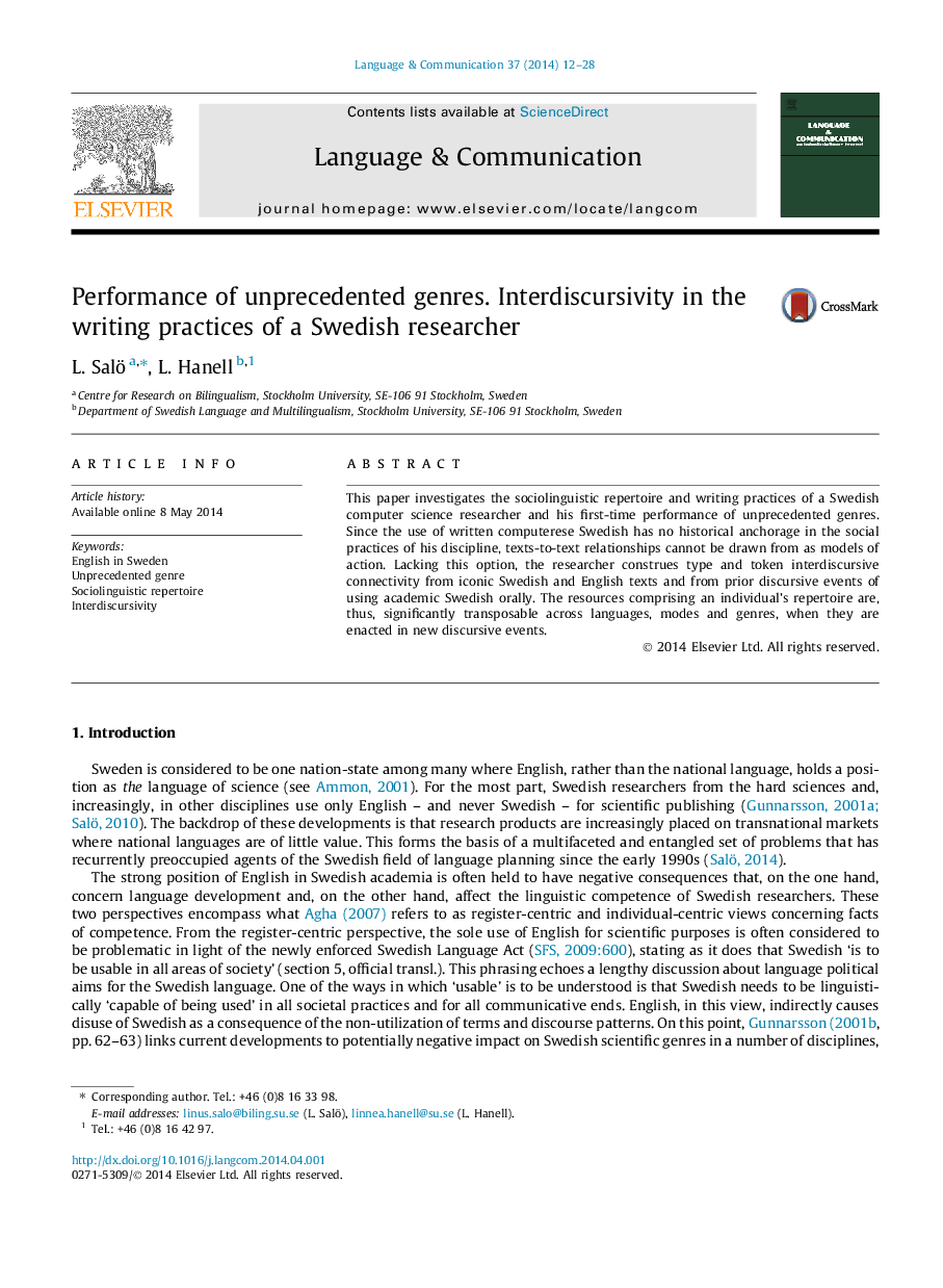 Performance of unprecedented genres. Interdiscursivity in the writing practices of a Swedish researcher