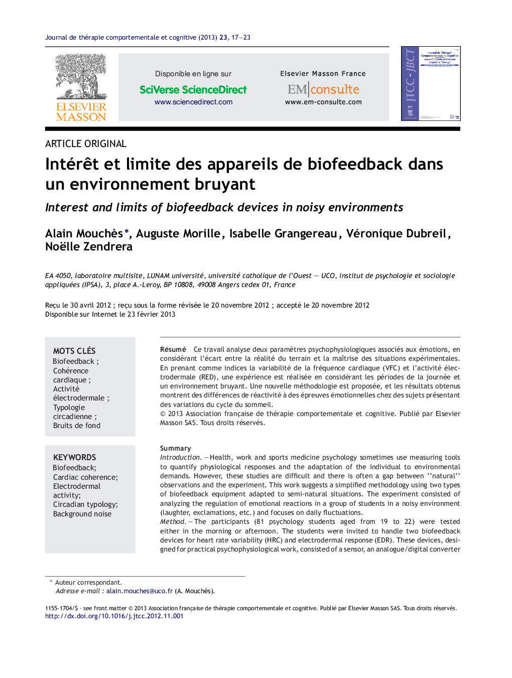 IntérÃªt et limite des appareils de biofeedback dans un environnement bruyant