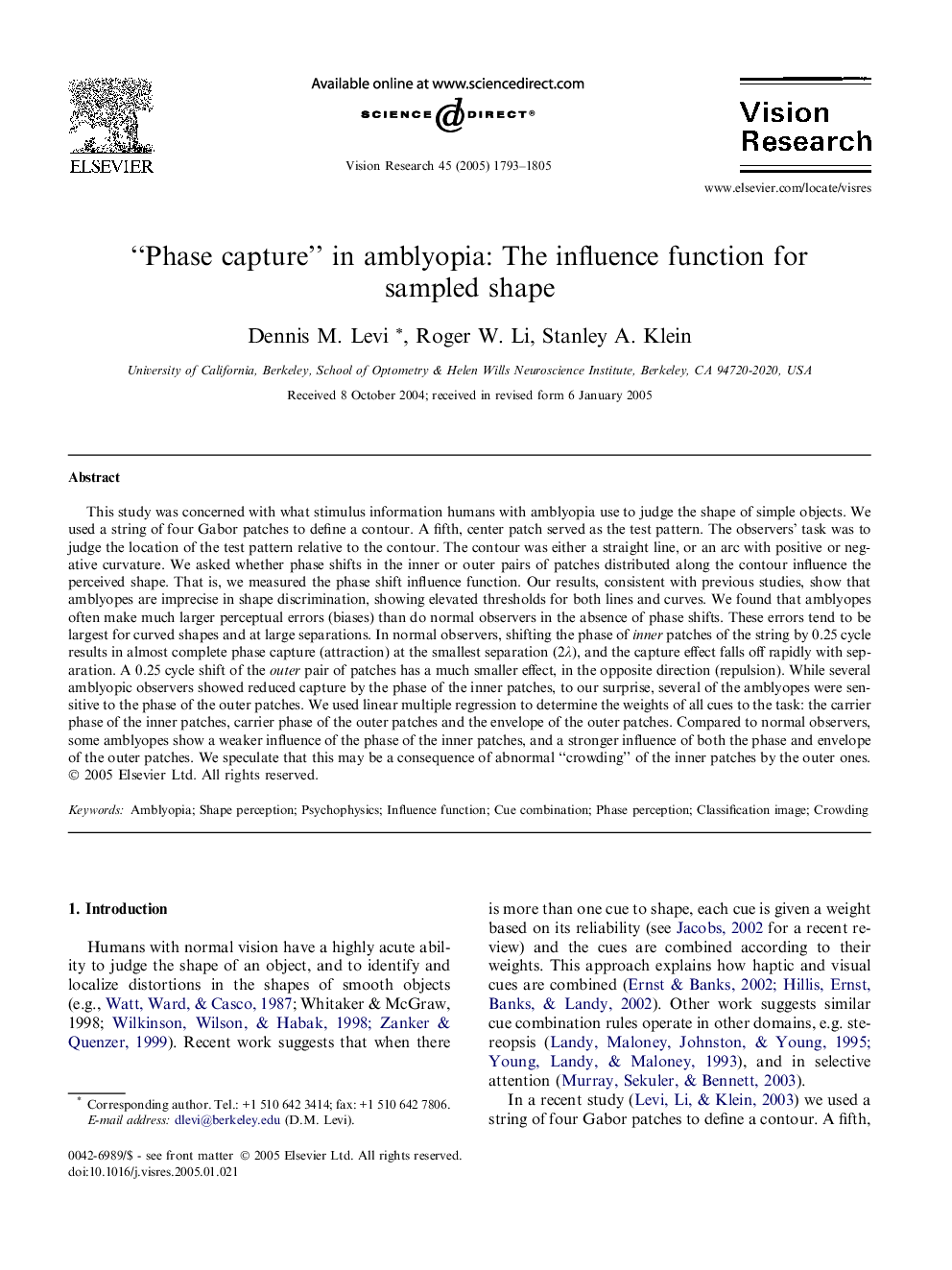 “Phase capture” in amblyopia: The influence function for sampled shape