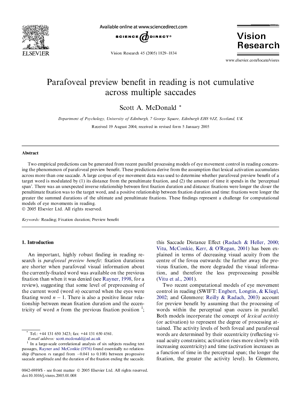 Parafoveal preview benefit in reading is not cumulative across multiple saccades