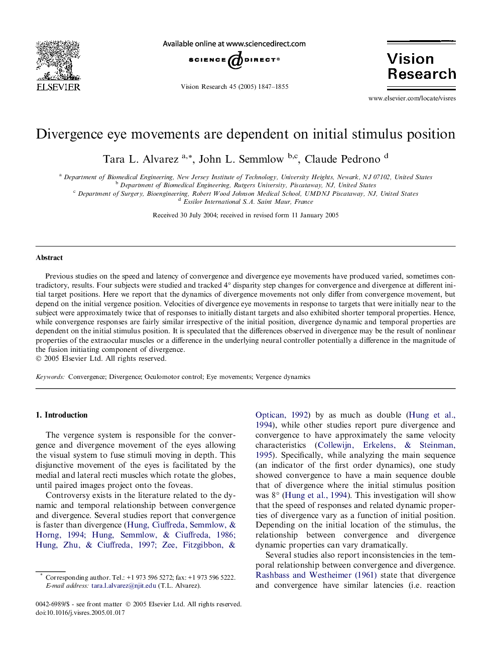 Divergence eye movements are dependent on initial stimulus position