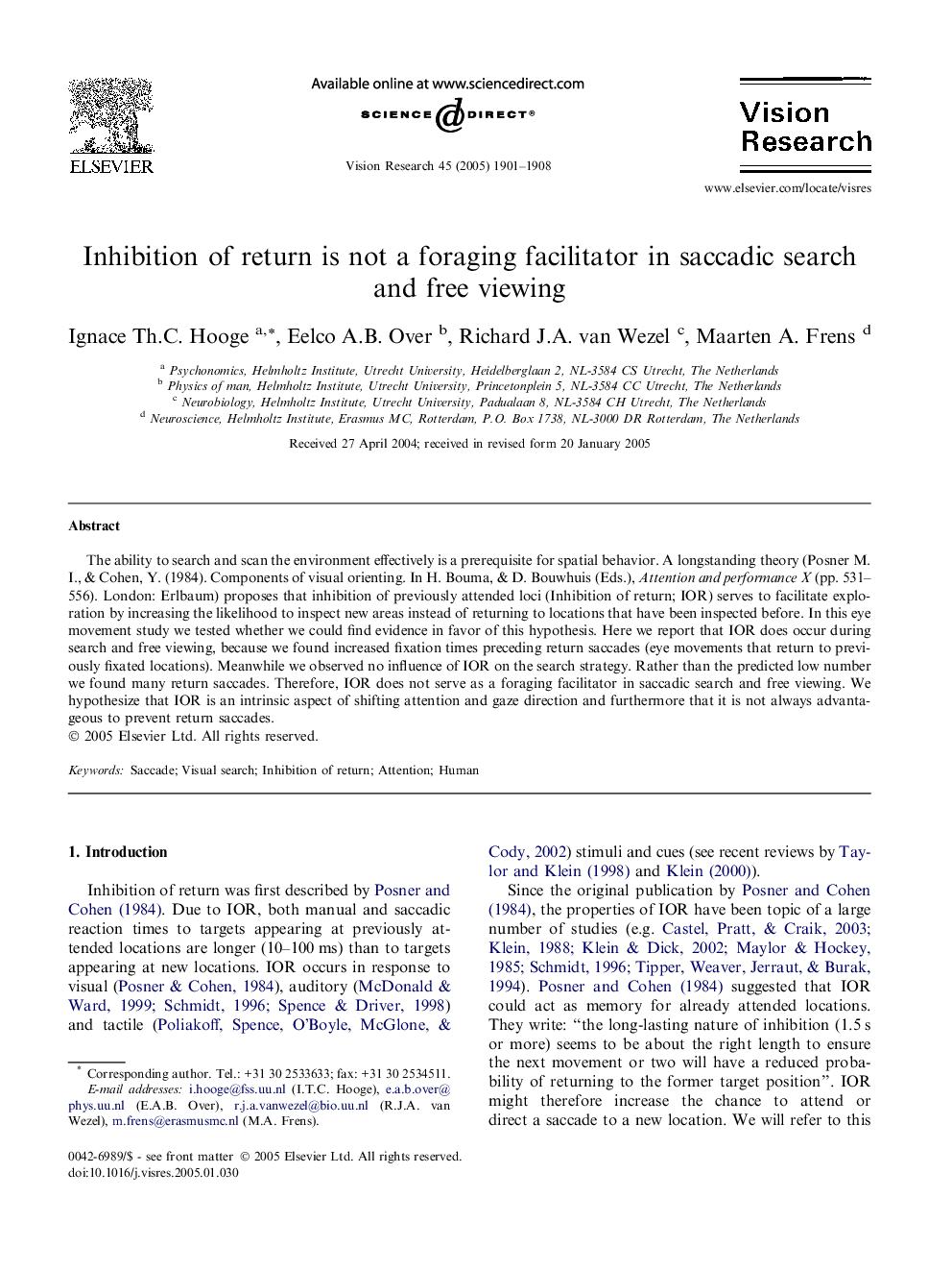 Inhibition of return is not a foraging facilitator in saccadic search and free viewing