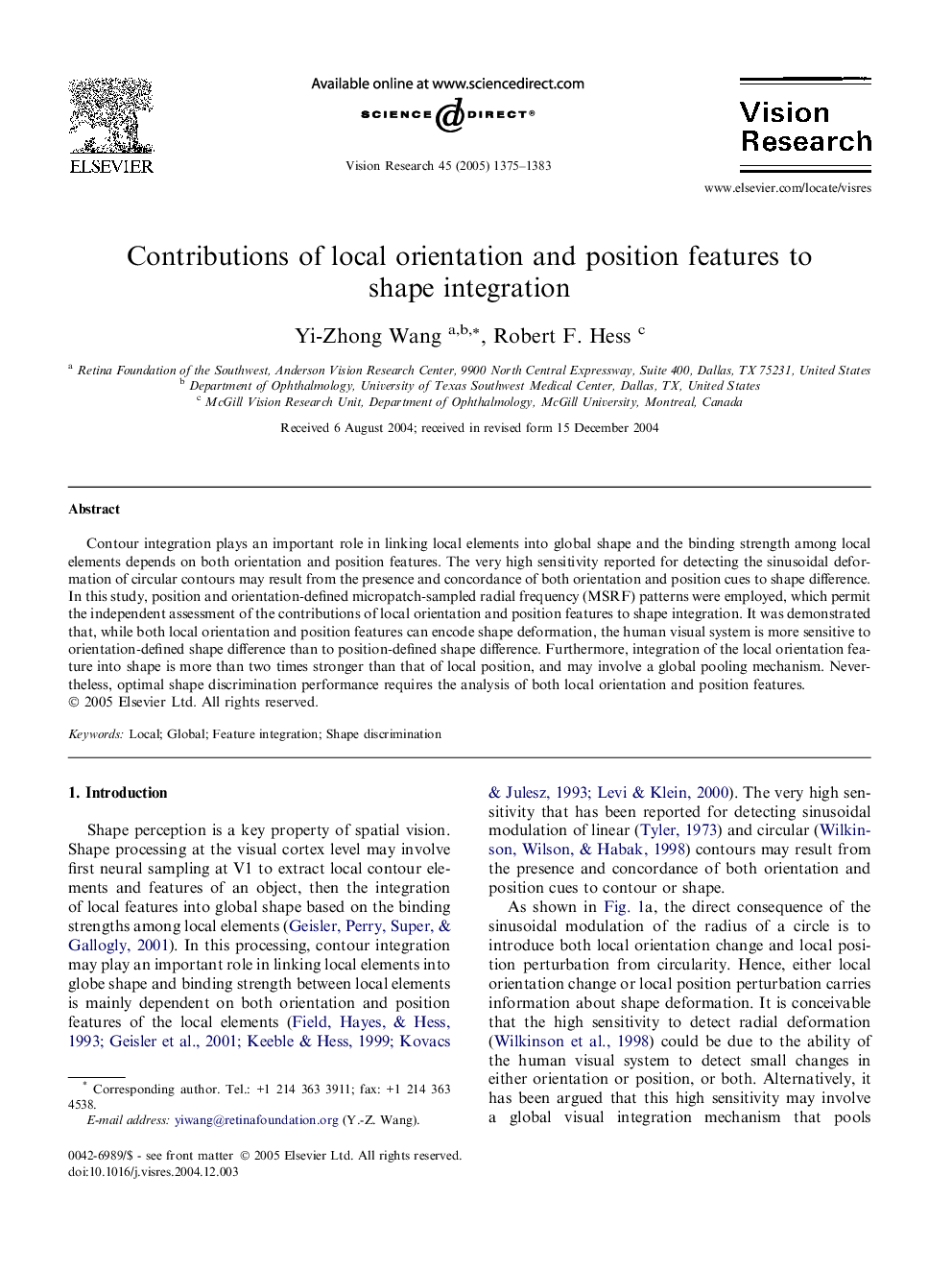 Contributions of local orientation and position features to shape integration