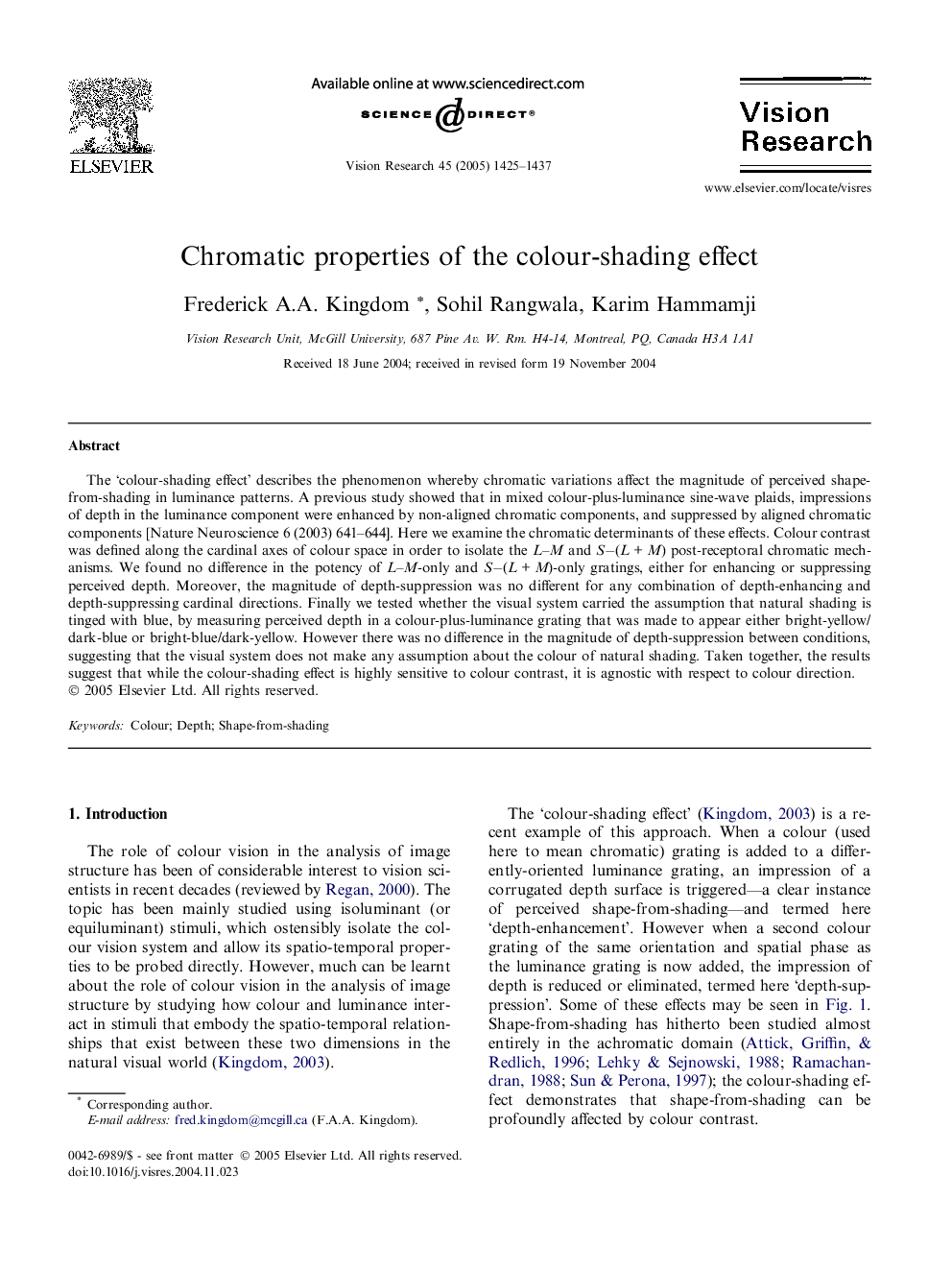 Chromatic properties of the colour-shading effect