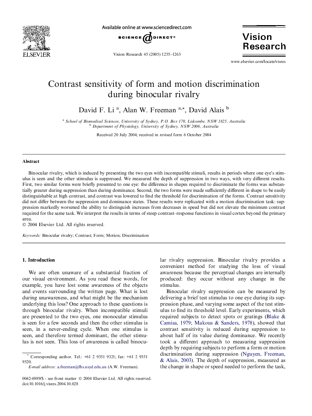 Contrast sensitivity of form and motion discrimination during binocular rivalry