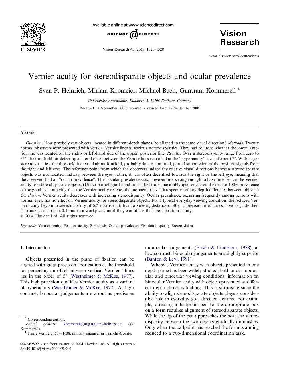 Vernier acuity for stereodisparate objects and ocular prevalence