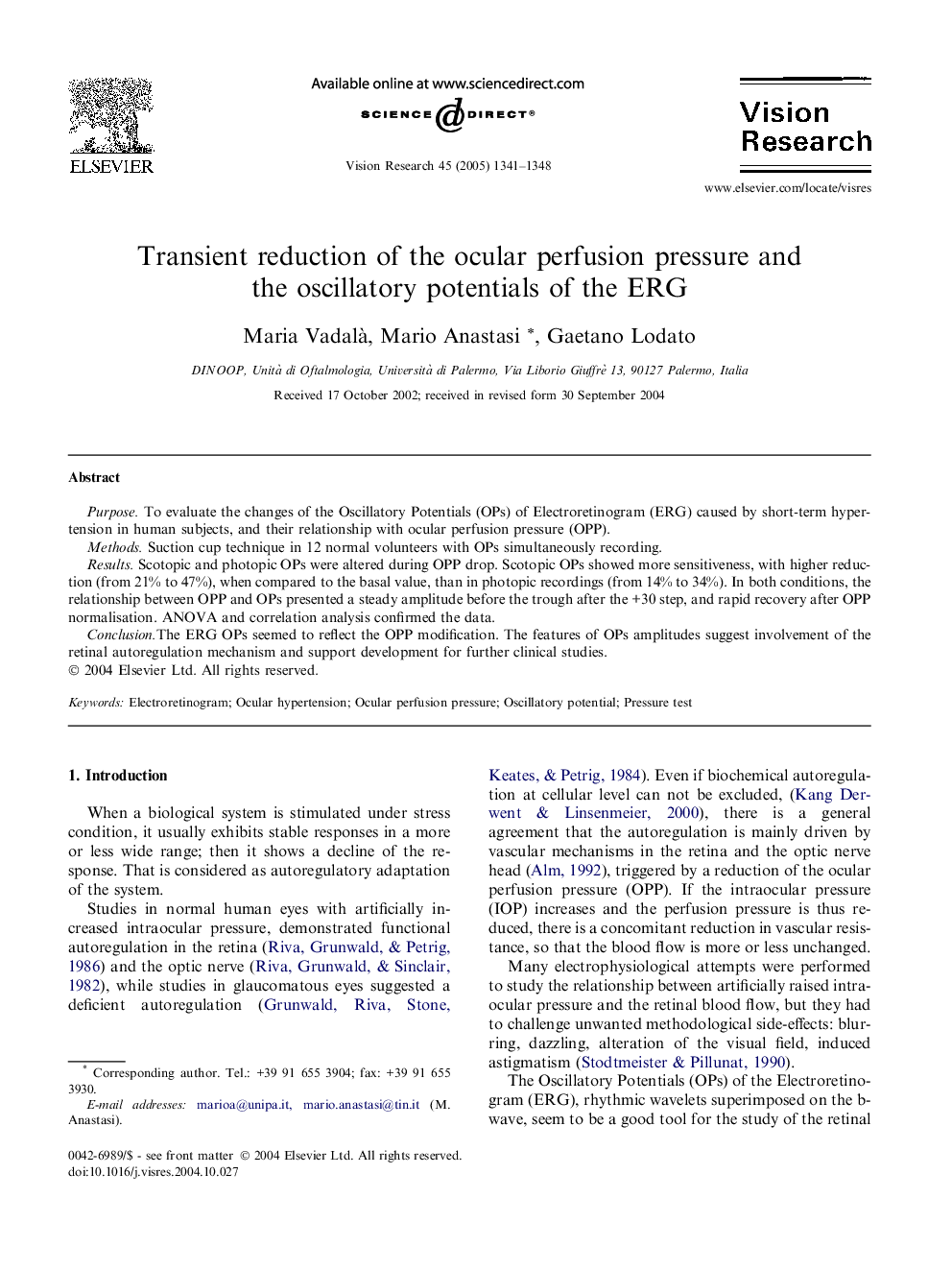 Transient reduction of the ocular perfusion pressure and the oscillatory potentials of the ERG