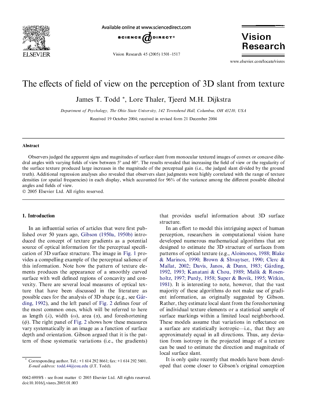 The effects of field of view on the perception of 3D slant from texture