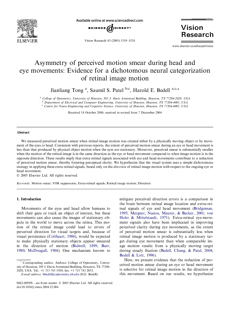 Asymmetry of perceived motion smear during head and eye movements: Evidence for a dichotomous neural categorization of retinal image motion