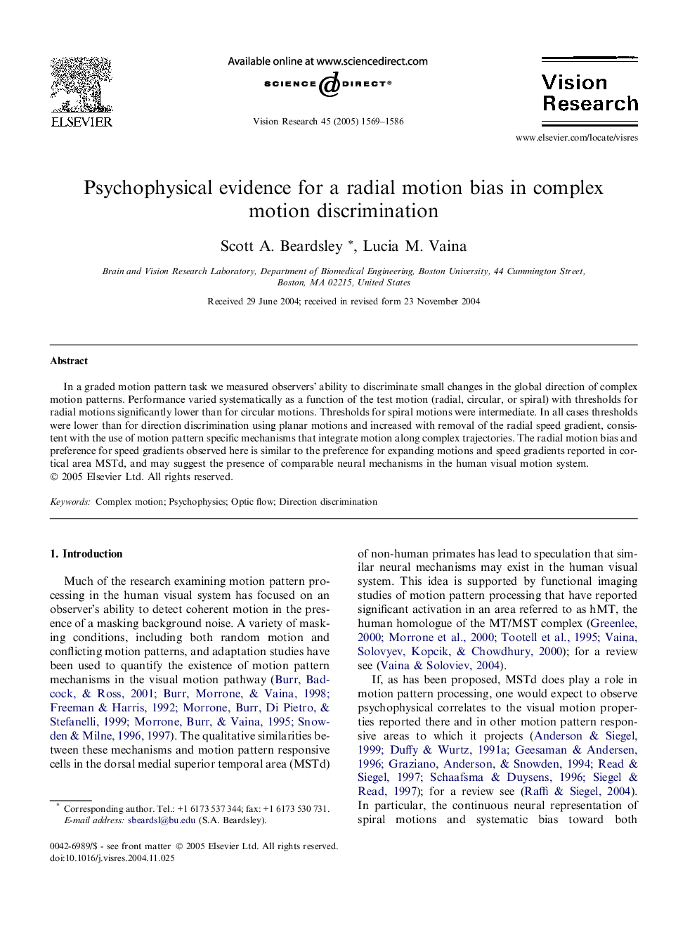 Psychophysical evidence for a radial motion bias in complex motion discrimination