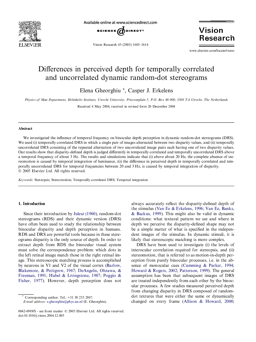 Differences in perceived depth for temporally correlated and uncorrelated dynamic random-dot stereograms