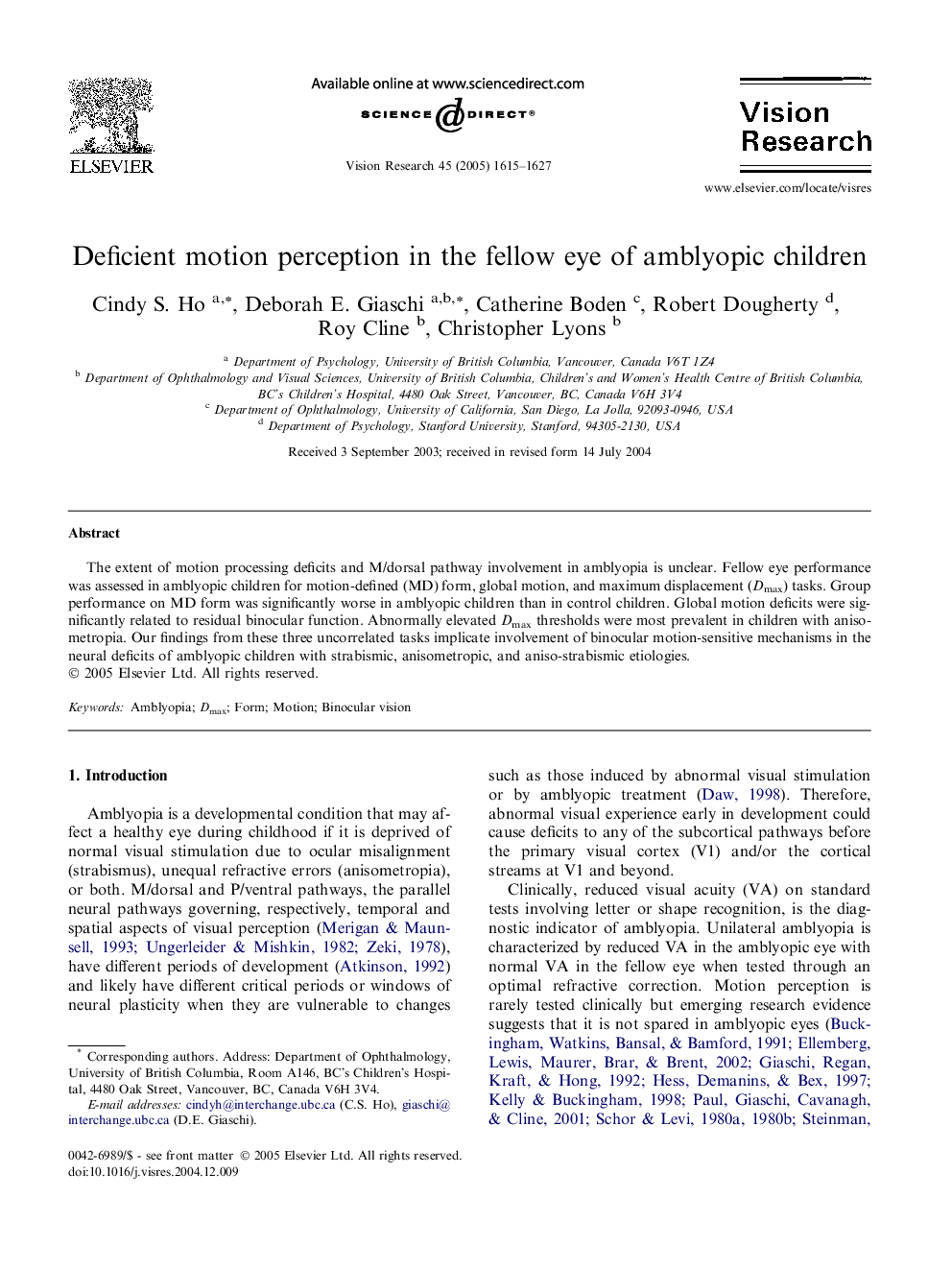 Deficient motion perception in the fellow eye of amblyopic children