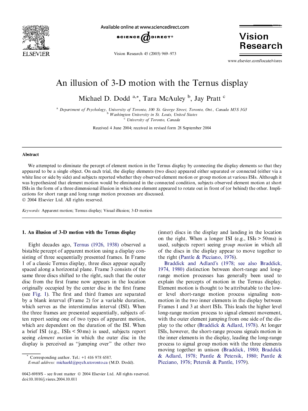 An illusion of 3-D motion with the Ternus display