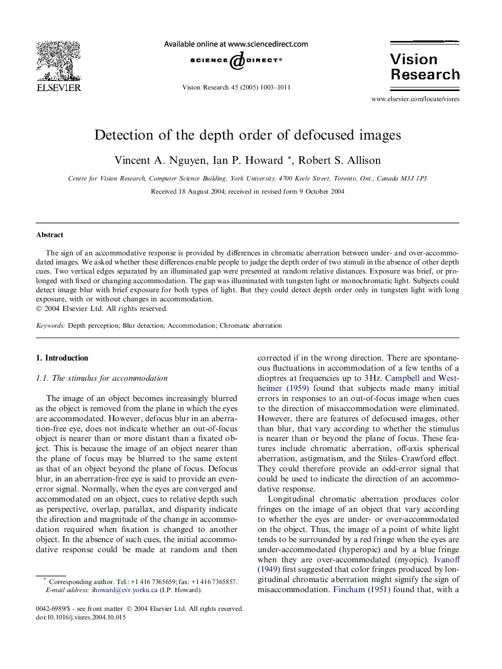 Detection of the depth order of defocused images