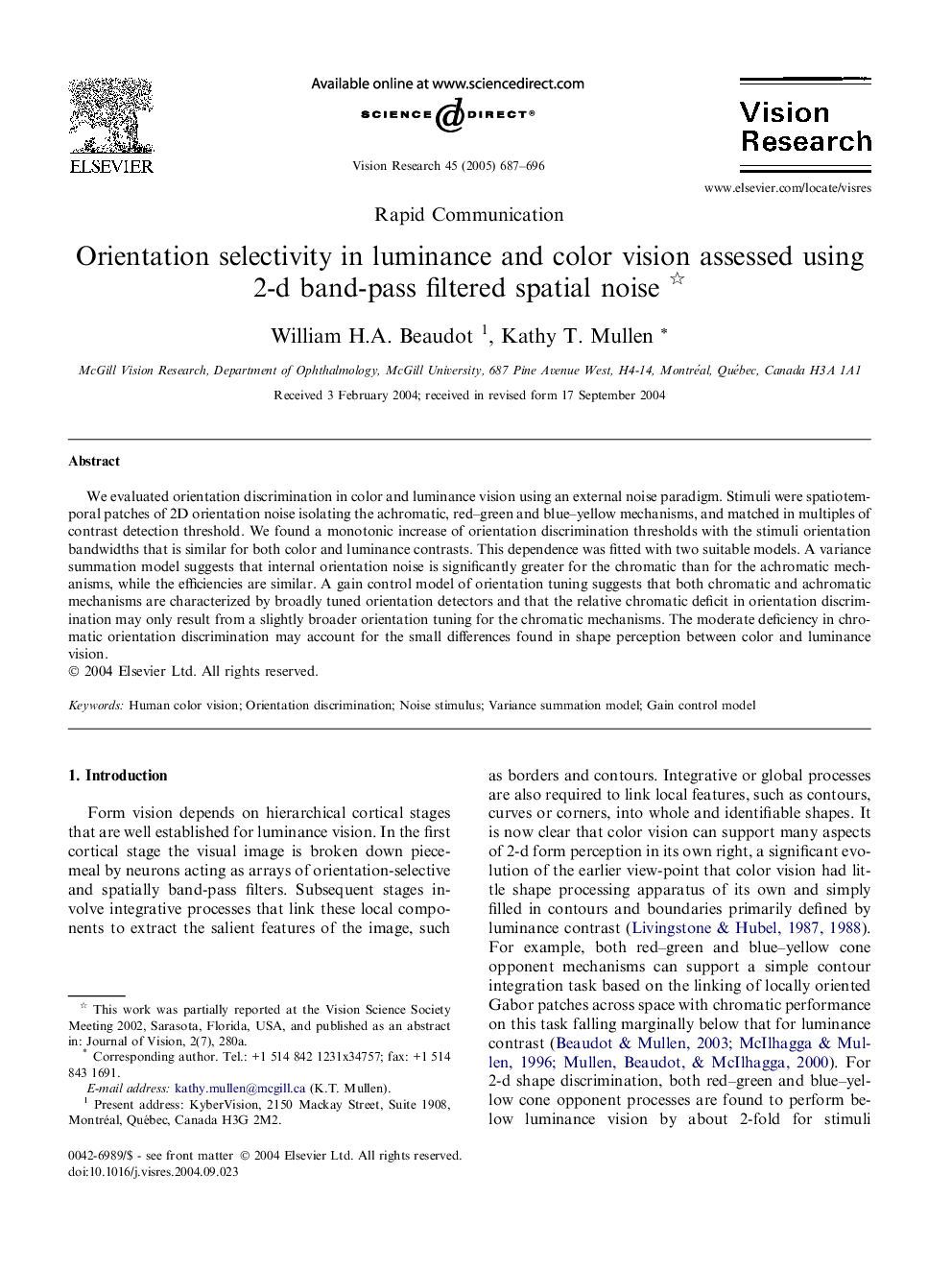 Orientation selectivity in luminance and color vision assessed using 2-d band-pass filtered spatial noise