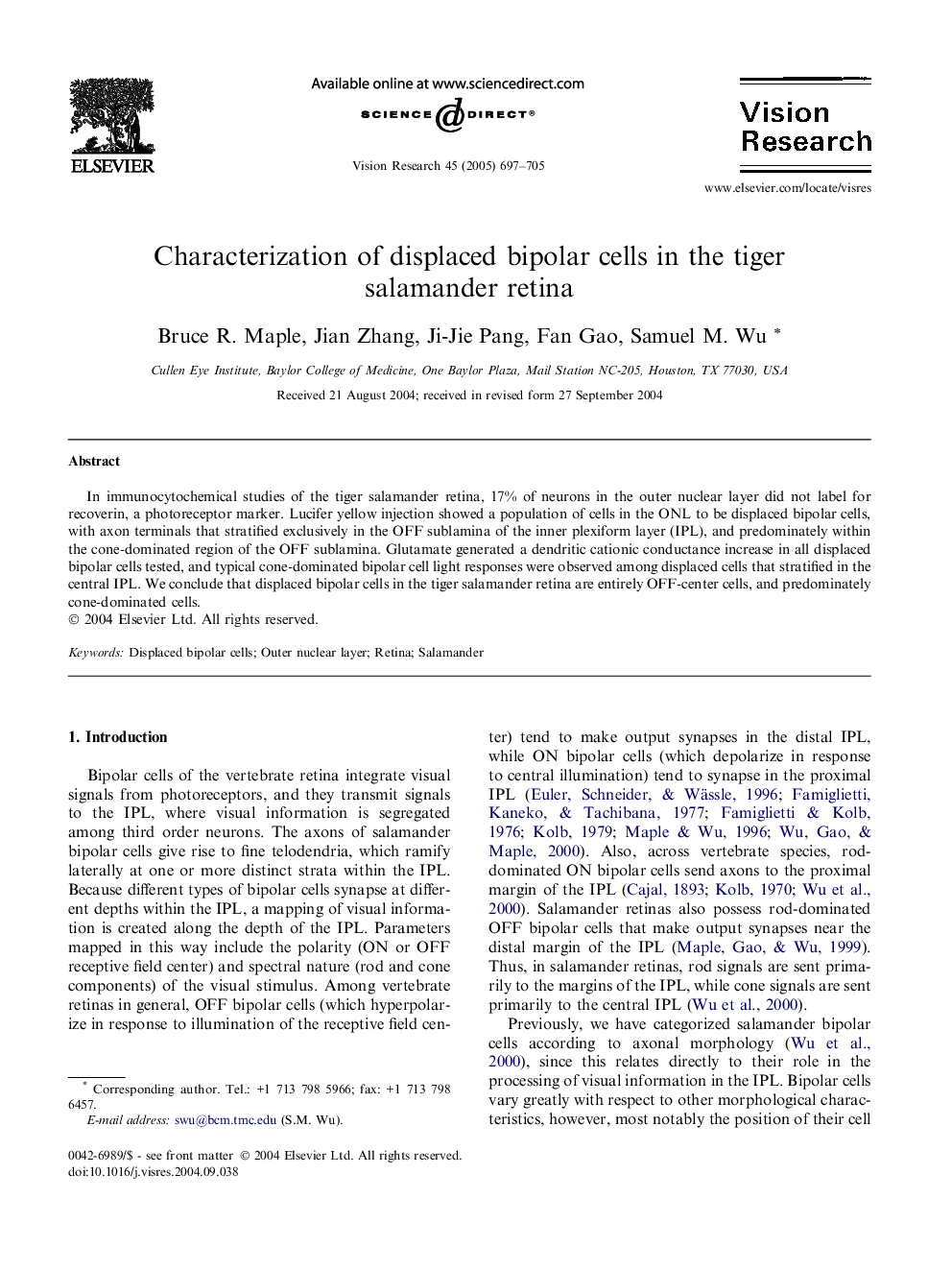 Characterization of displaced bipolar cells in the tiger salamander retina