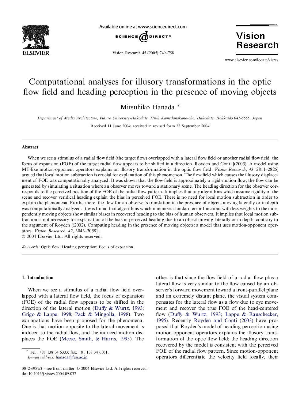 Computational analyses for illusory transformations in the optic flow field and heading perception in the presence of moving objects