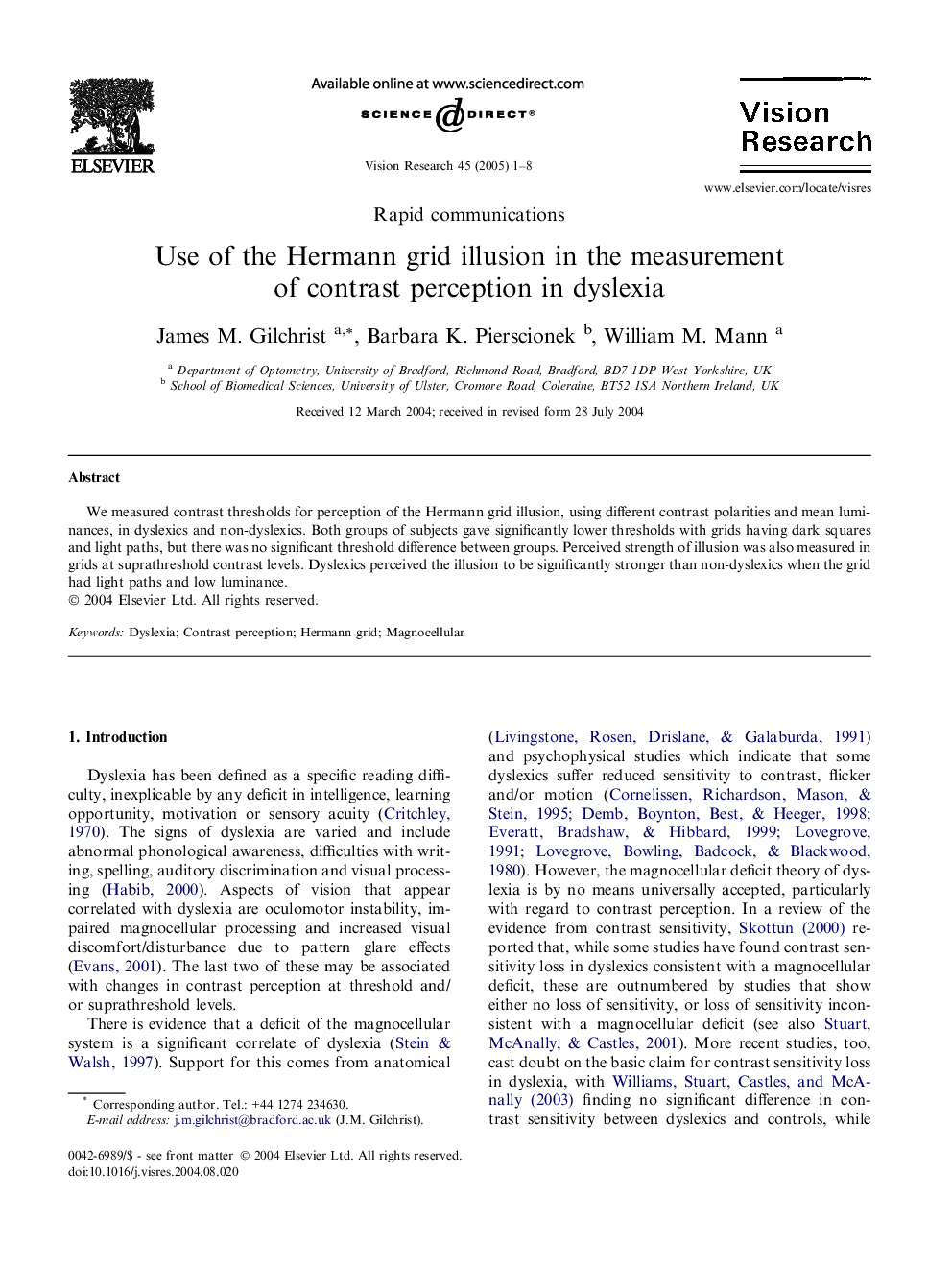 Use of the Hermann grid illusion in the measurement of contrast perception in dyslexia