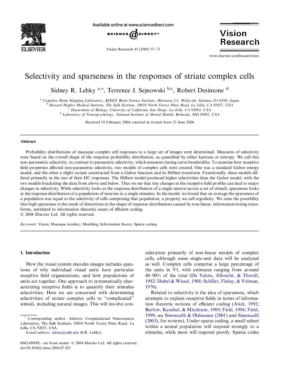 Selectivity and sparseness in the responses of striate complex cells