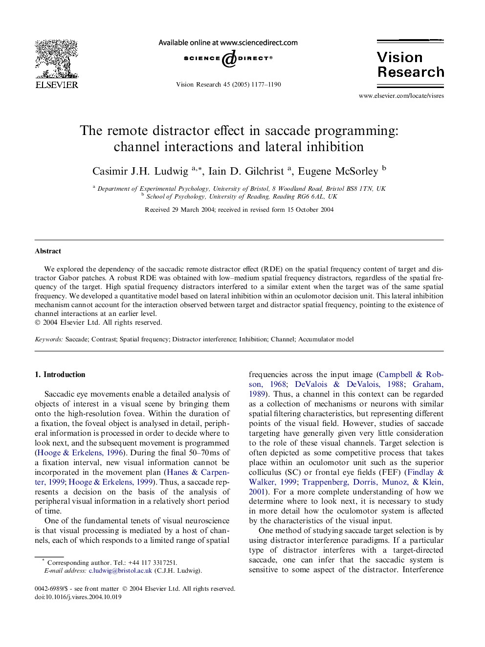 The remote distractor effect in saccade programming: channel interactions and lateral inhibition