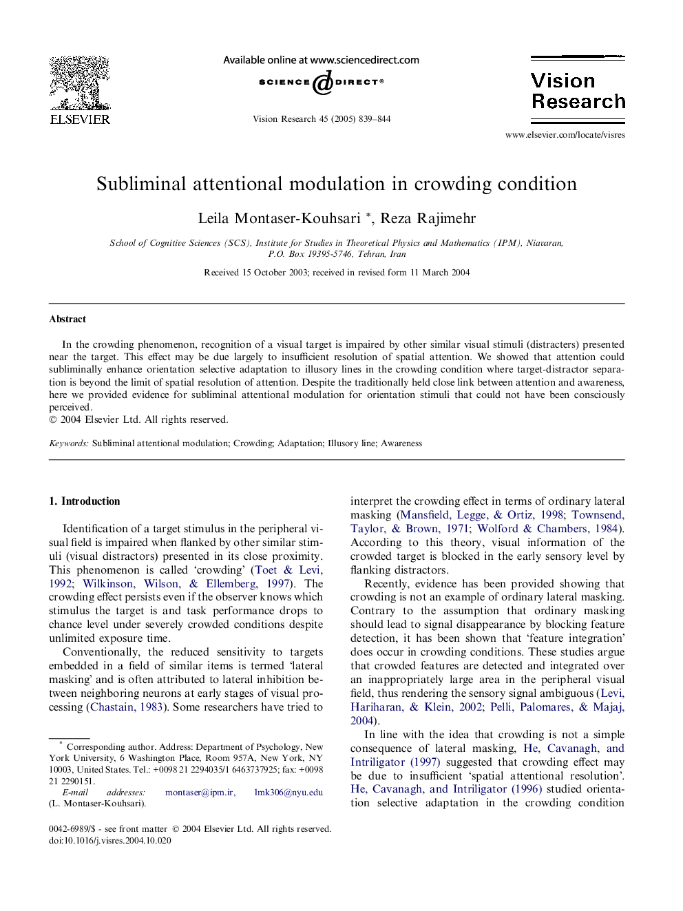 Subliminal attentional modulation in crowding condition