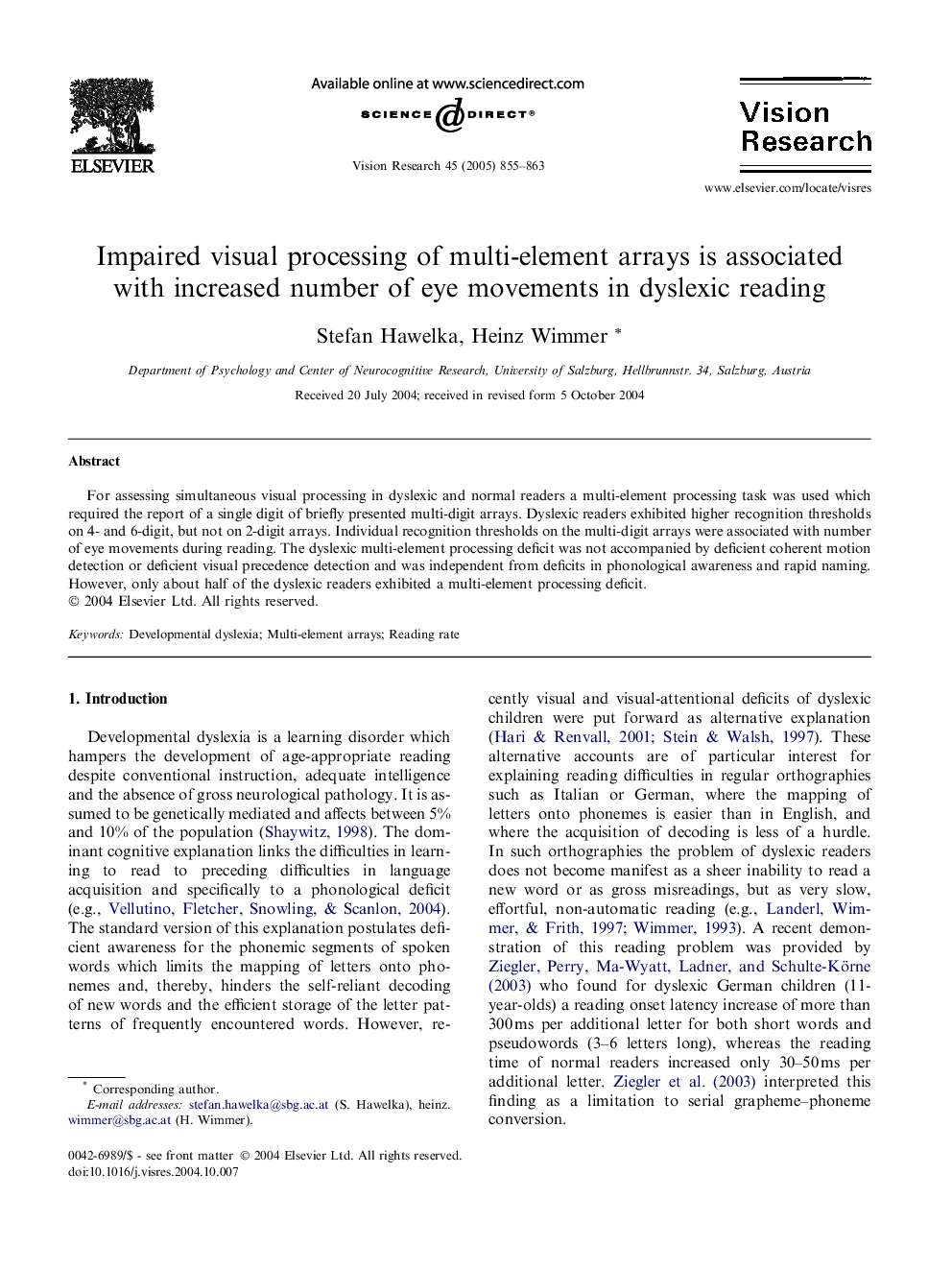 Impaired visual processing of multi-element arrays is associated with increased number of eye movements in dyslexic reading