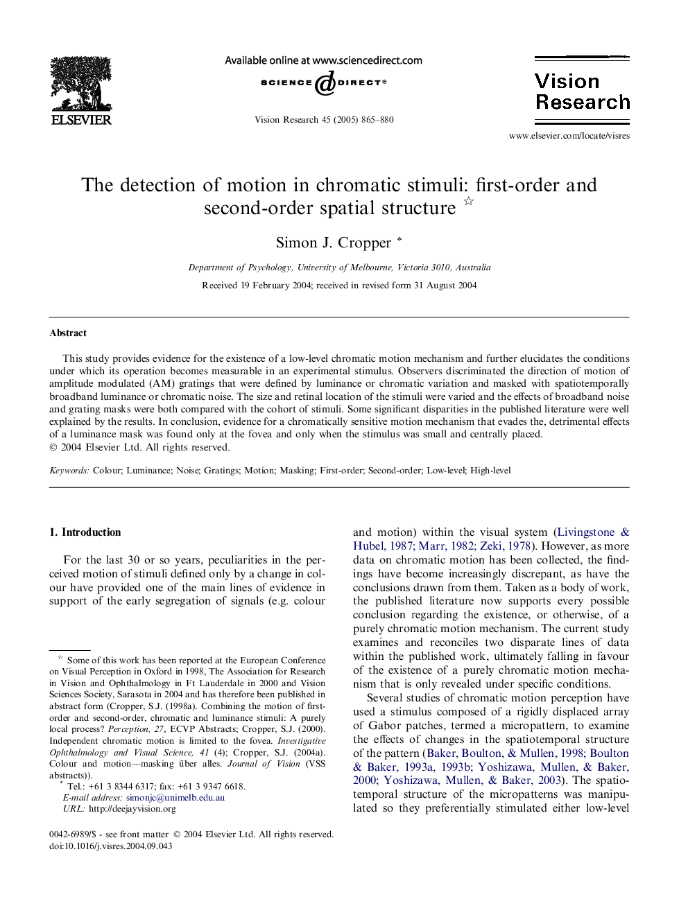 The detection of motion in chromatic stimuli: first-order and second-order spatial structure